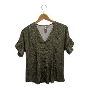 Anthropologie Dolan Olive Green Speckled Button Front Blouse Ruffle Sleeve XS